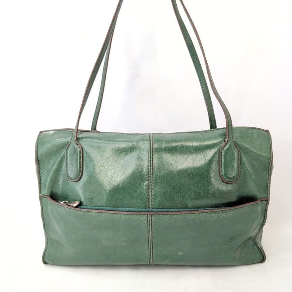 HOBO Vintage Green Leather Shoulder Bag Tote Purse Contrast Stitch Floral Lining